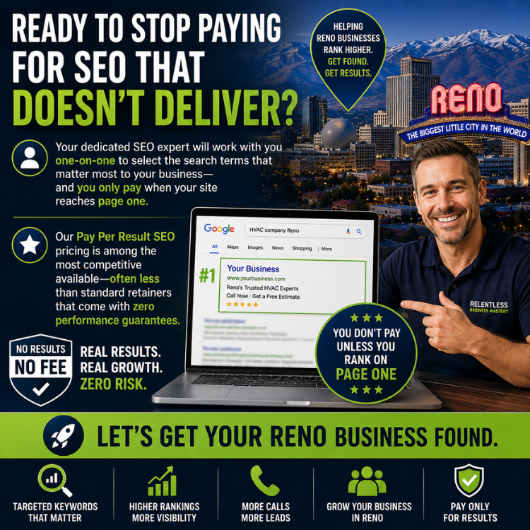 SEO ad for Reno Business Found: smiling man beside laptop, bold text, blue mountain skyline background