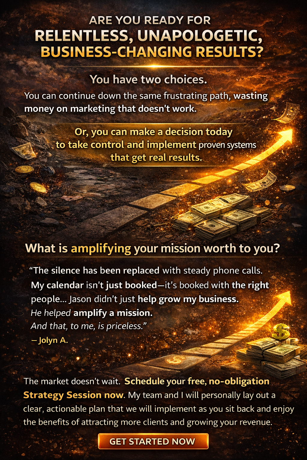 Promotional poster with orange lightning, asking if you're ready for relentless business-changing results.
