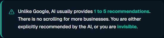Alert icon. Text: AI provides 1-5 recommendations, no scrolling. You're recommended or invisible.