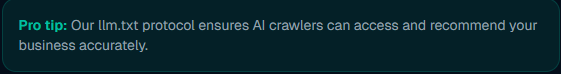 Pro tip: Information on a dark teal background. Text says a protocol ensures AI crawlers can accurately recommend a business.