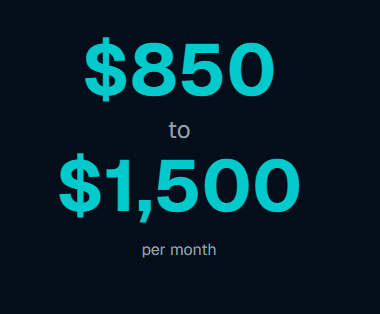 Monthly rent range: $850 to $1,500 in cyan text on a dark blue background.