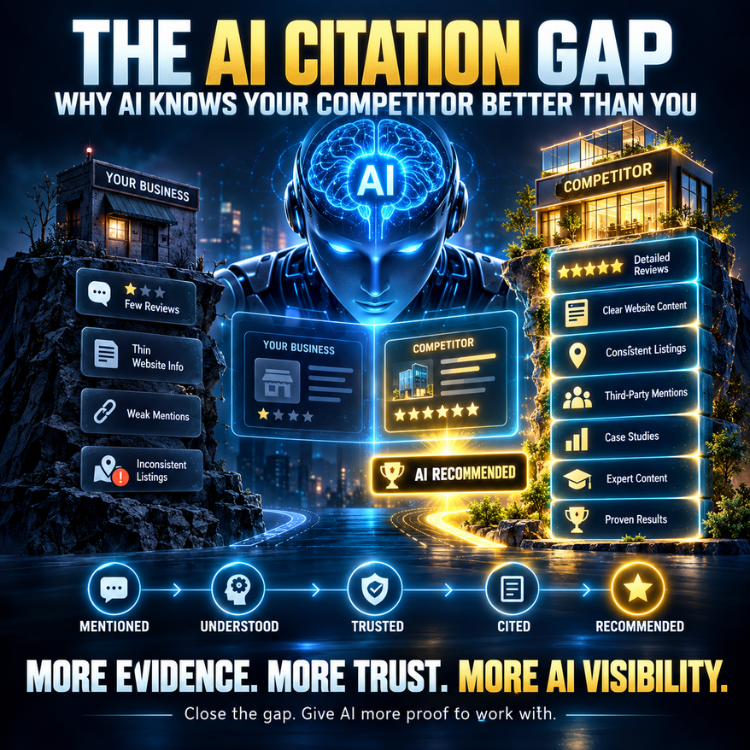 Infographic on the AI citation gap, showing AI, competitor dashboards, and highlighted evidence sources.