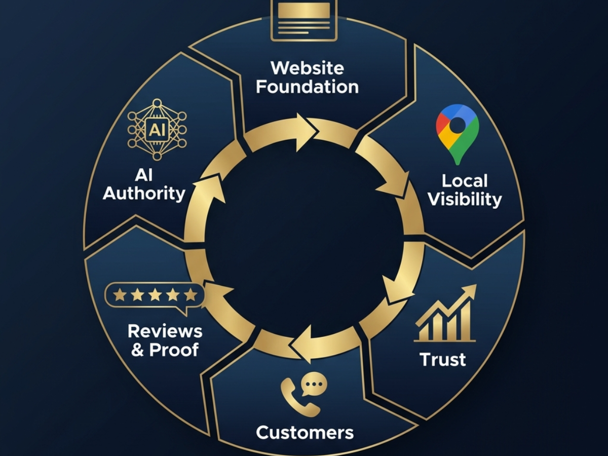 Circular SEO diagram with Website Foundation, Local Visibility, Trust, Customers, Reviews & Proof, and Authority icons.