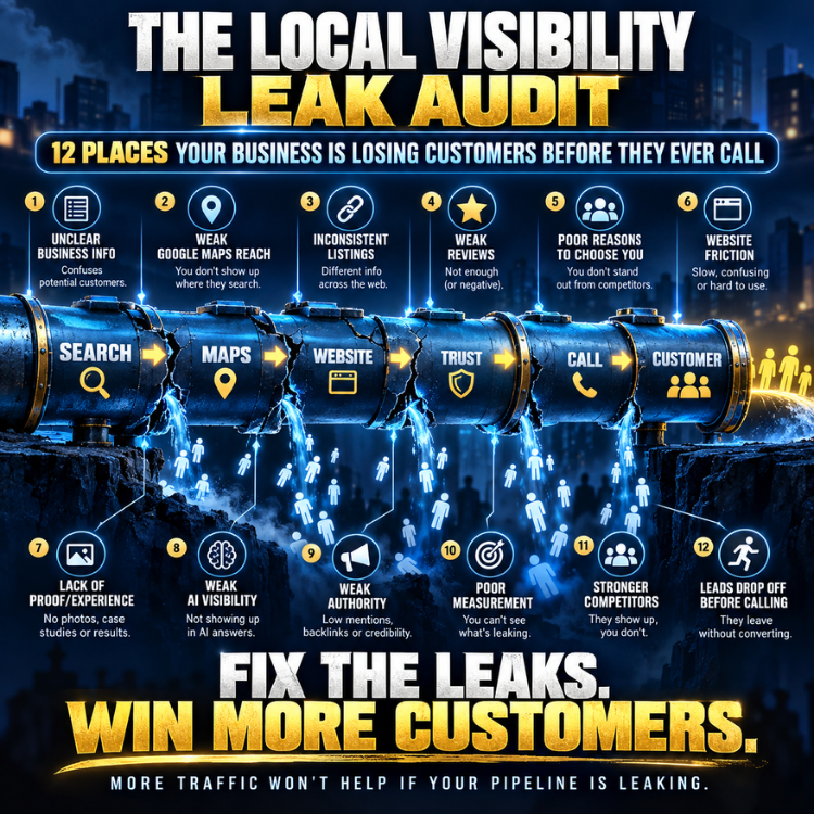 Infographic on local visibility leaks, with blue icons and bold text: “Fix the leaks. Win more customers.”