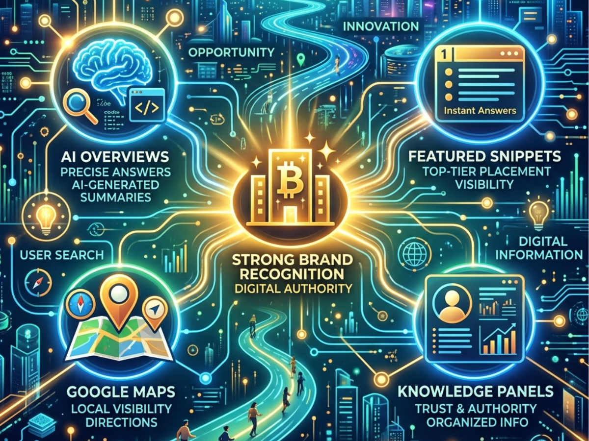 Neon AI concept map with glowing brain, chat, analytics, search, maps, and digital information icons