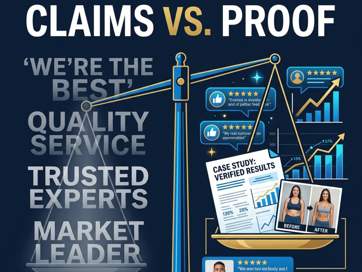 Infographic titled “Claims vs. Proof” with bold text on a blue background and evidence icons on the right.