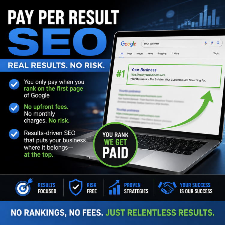 Blue SEO ad with laptop, Google search results, and “Pay per Result” messaging promising no rankings, no fees.