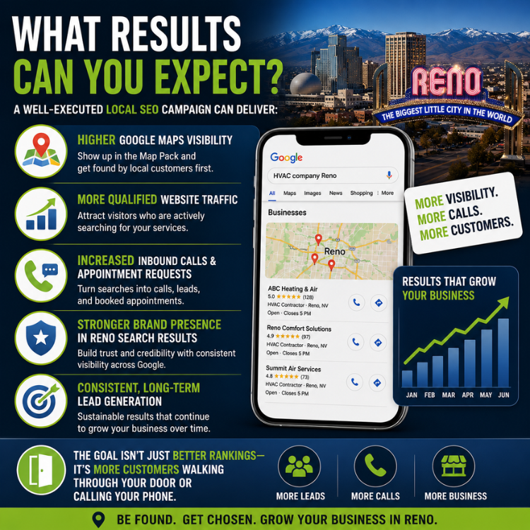 SEO and lead generation ad showing Google Maps/search results, phone mockup, and icons for calls, calls, and growth.