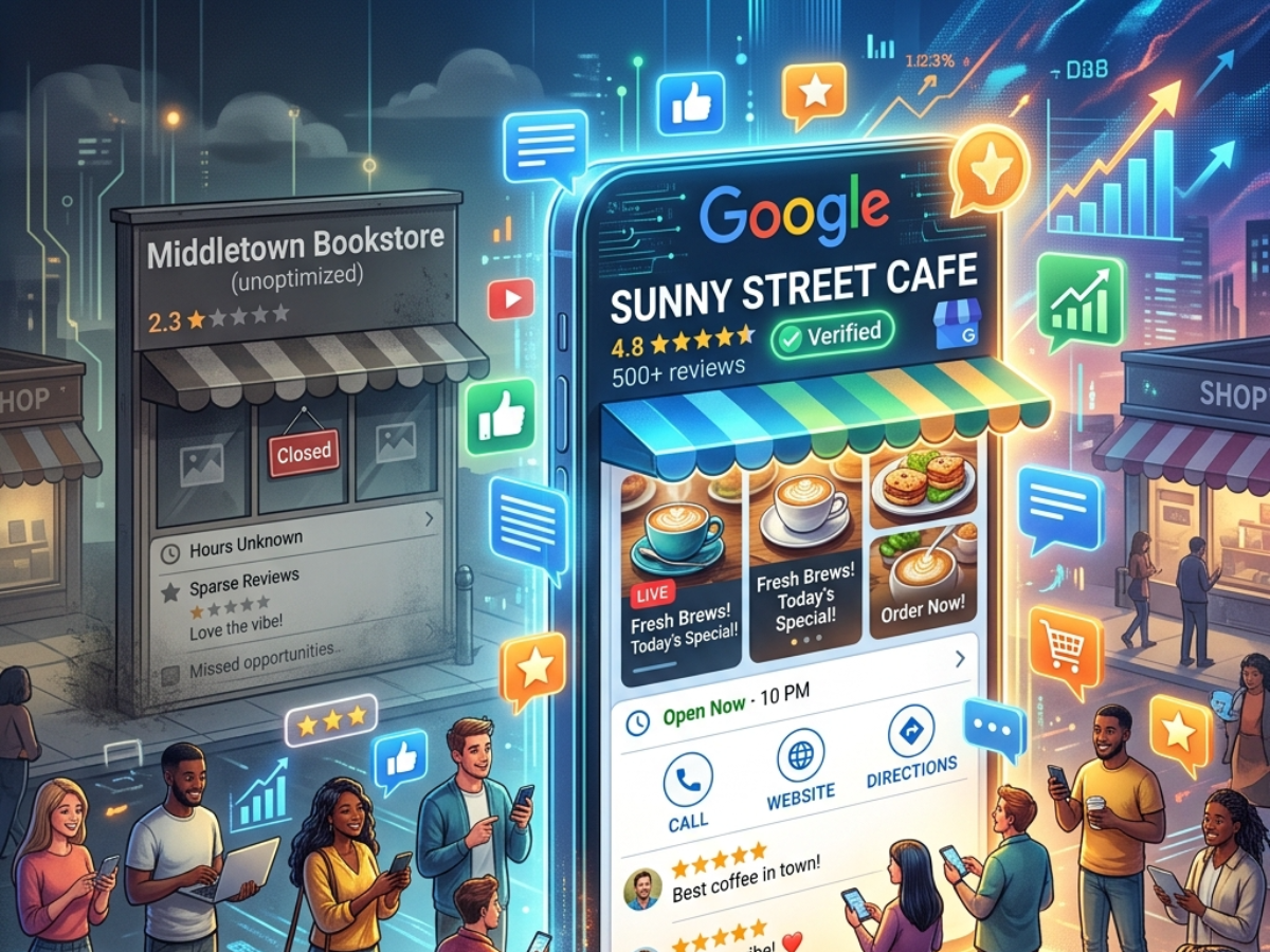 Google street cafe storefront in a glowing city scene with people gathered nearby and floating app icons