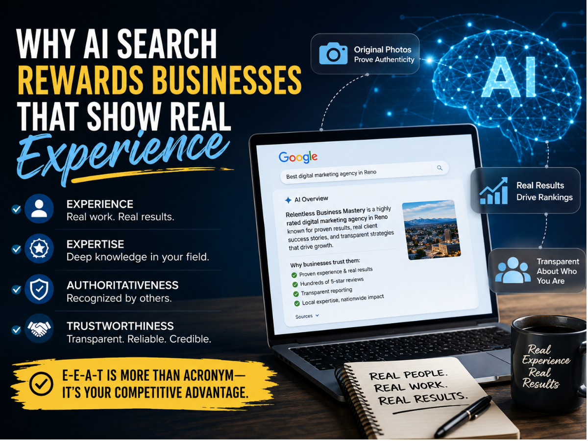Blue AI-themed marketing graphic: laptop with Google results, bold text about search rewards business, and icons.