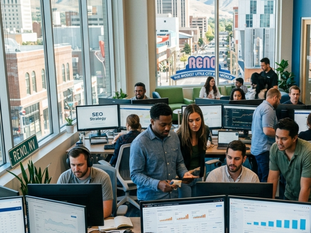 Open office with several people working at computer desks and large windows overlooking a city.