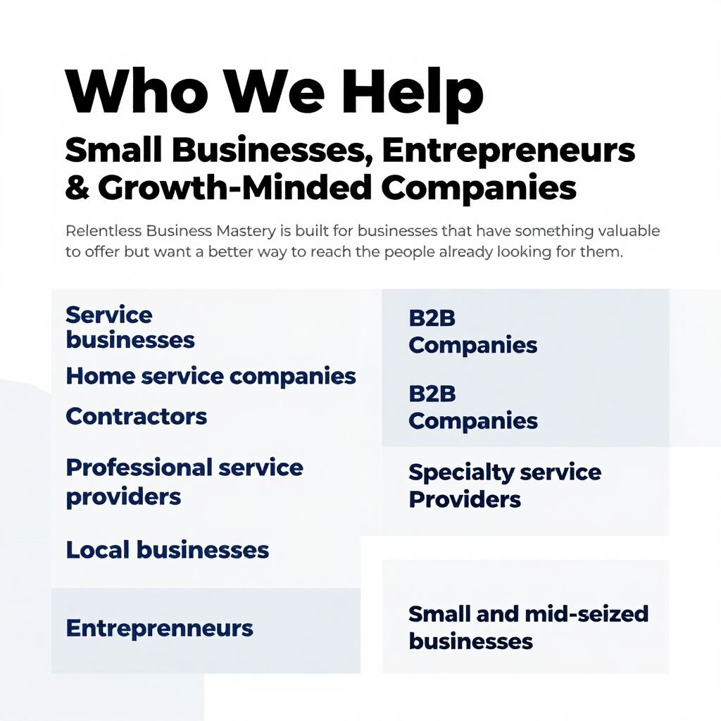 Graphic titled “Who We Help” with a two-column list of business types on a light background.
