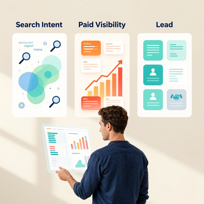 Transparent AI business recommendation dashboard with blue icons in a modern office setting
