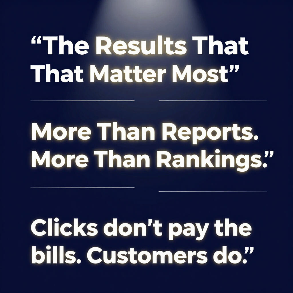 Dark blue promo graphic with white text: “The Results That Matter Most… Clicks don’t pay the bills. Customers do.”