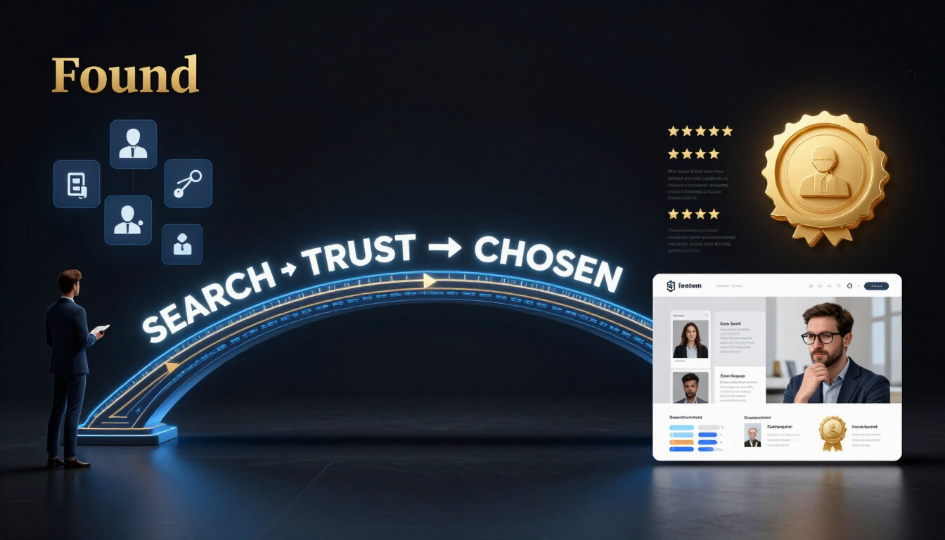 Recruitment graphic: “Search + Trust + Chosen” with recruiter, profile icons, gold medal, and candidate cards