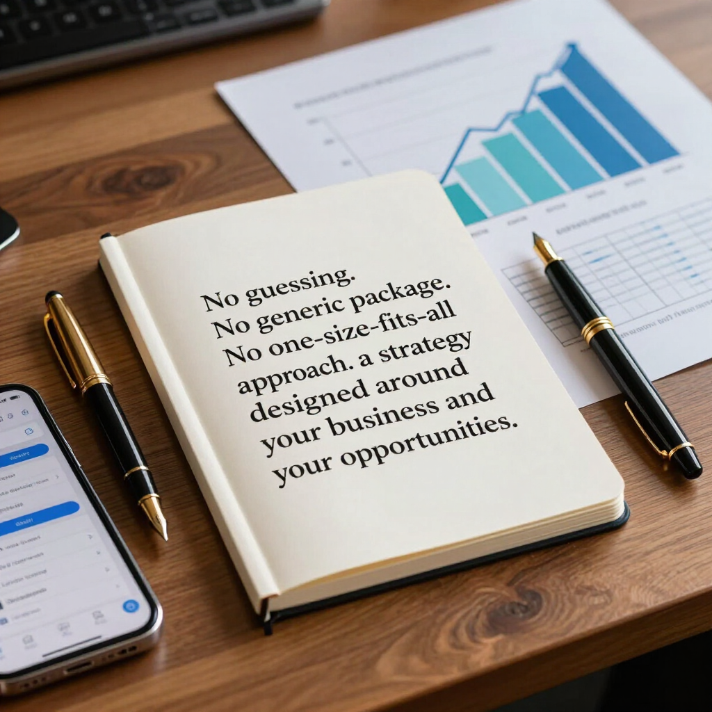 Open notebook with “No guessing” quote on a desk beside pens, phone, and chart papers.