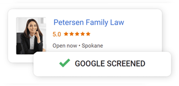Google screened listing for Petersen Family Law with a smiling woman in a blazer and a check mark icon.