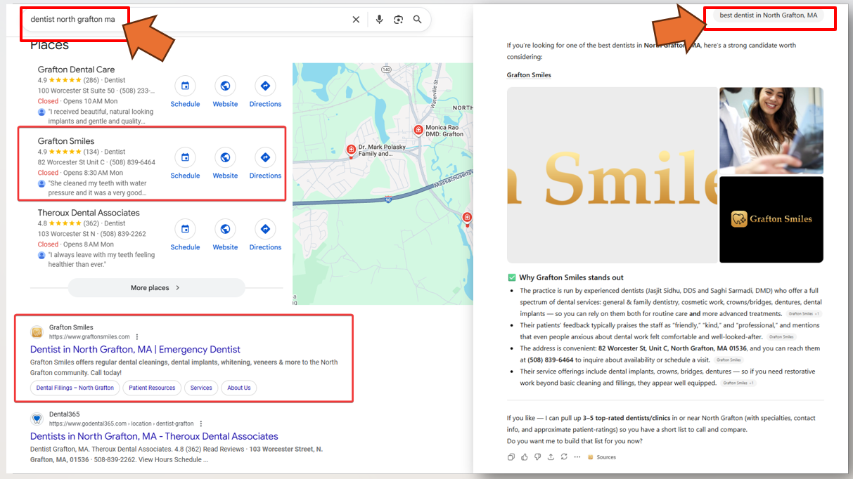 Google search results for a dental clinic, including map, reviews, and website information.