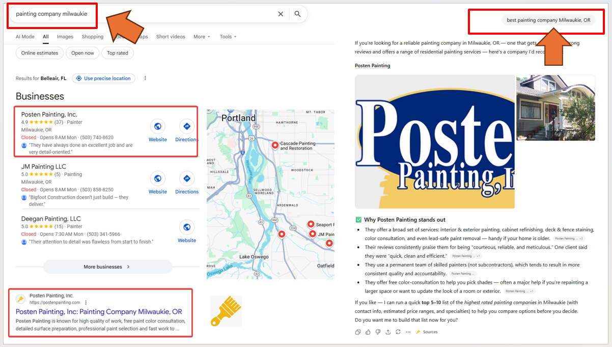 Google search results for Poste Painting, showing business information, map, and website.