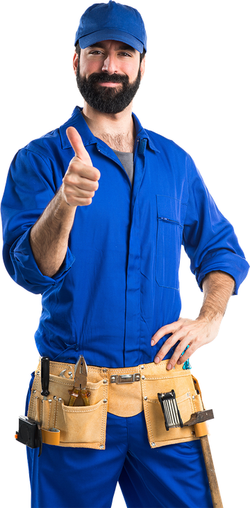 A man in blue overalls with a tool belt gives a thumbs-up.