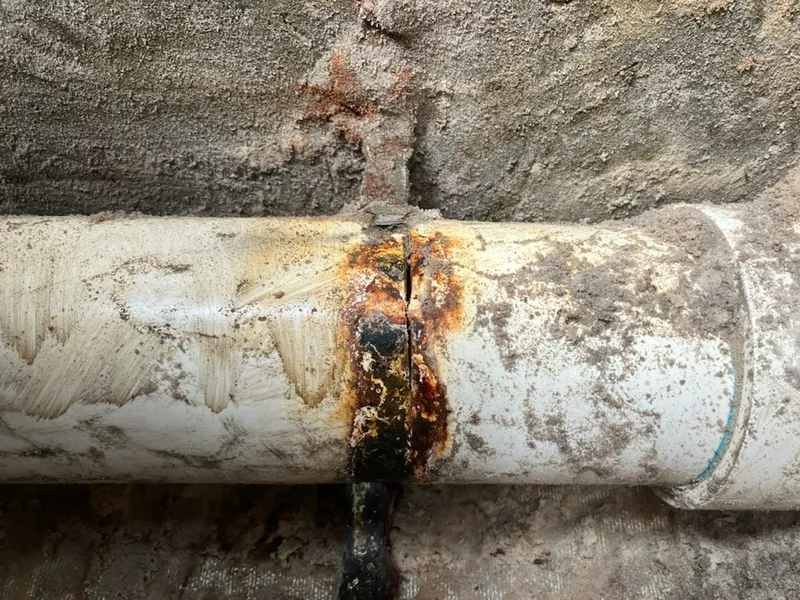 Damaged PVC pipe with rust and staining where it connects to a rusty metal piece, against a rough stone wall.