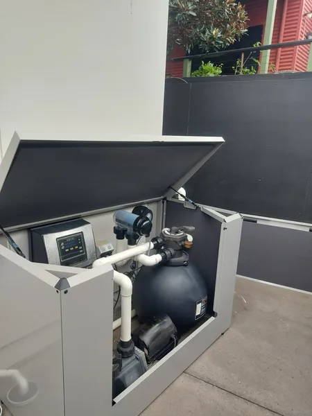 Pool Equipment Enclosure With Open Lid — Ballina Leak Detection & Swimming Pool Repairs in Ballina, NSW