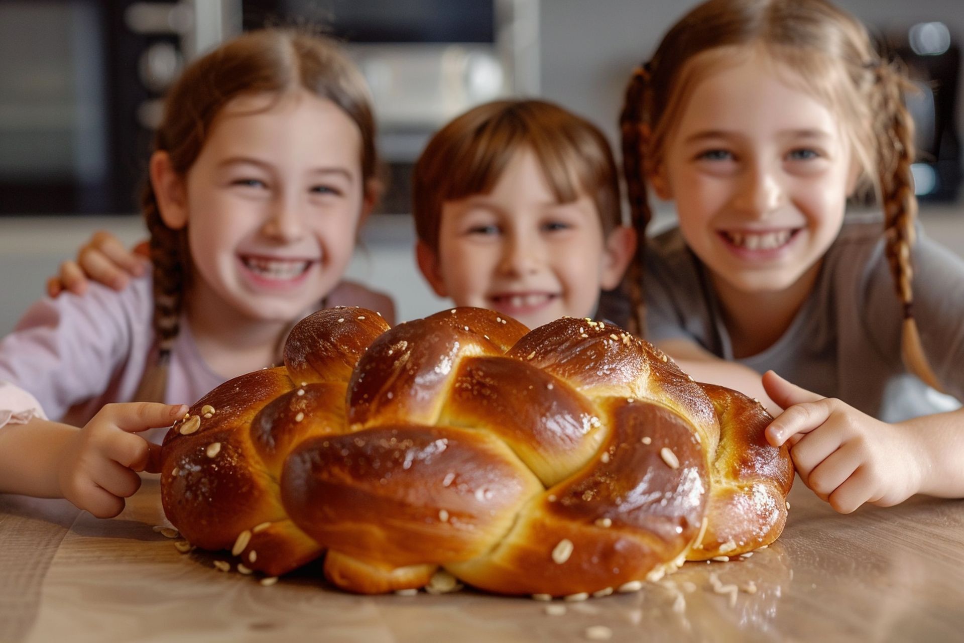 Three children are holding a loaf of challah bread.