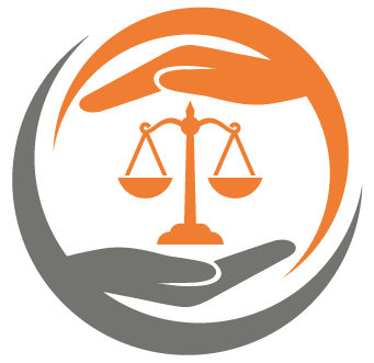 Scales of justice icon, surrounded by protective hands, in orange and gray.