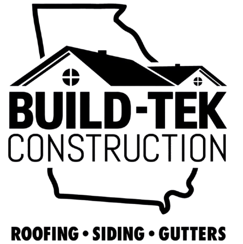A black and white logo for Build-Tek Construction roofing, siding, and gutters.