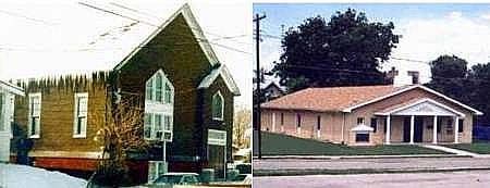 Two churches: an old wooden one with icicles and a modern one with columns.