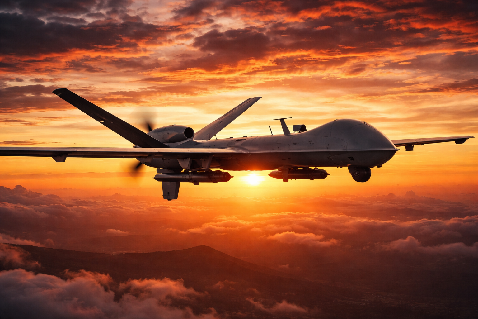 Drone aircraft flying against a sunset sky.