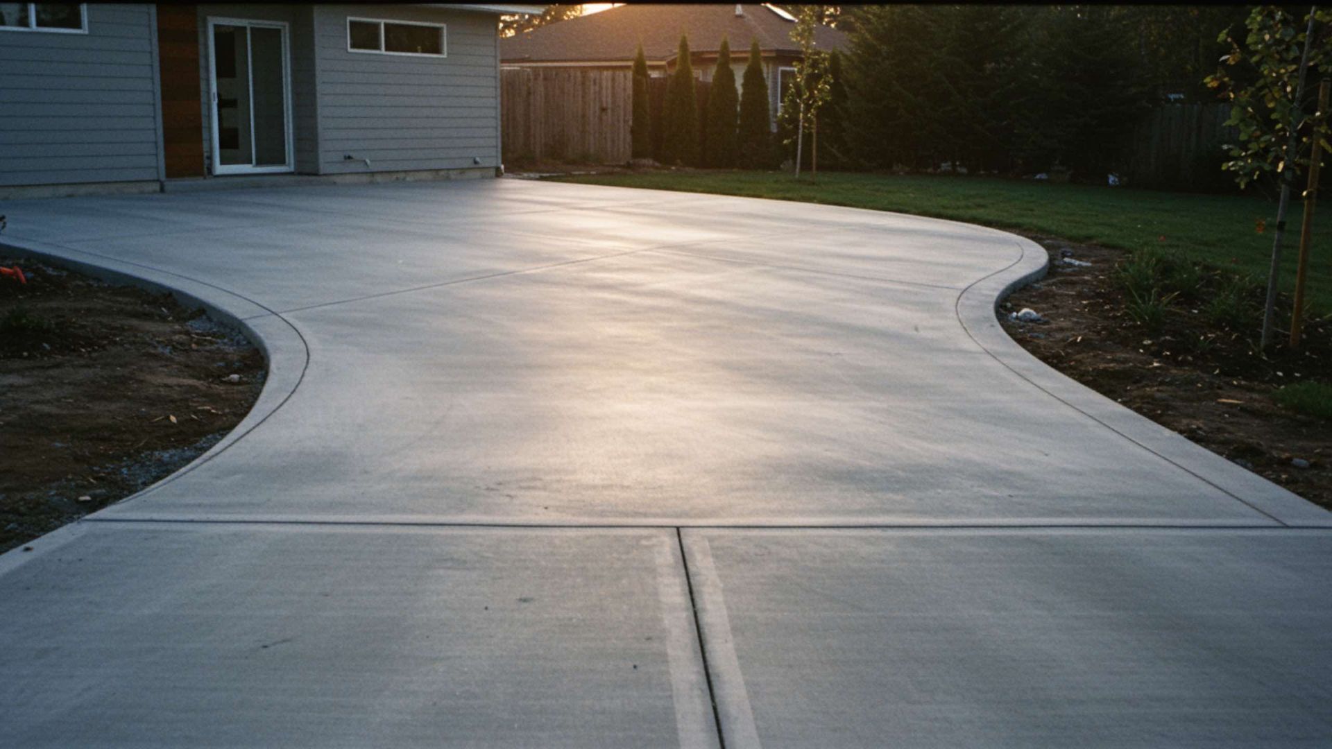 Concrete driveway curving to a house, with green grass and a wooden fence in the background.