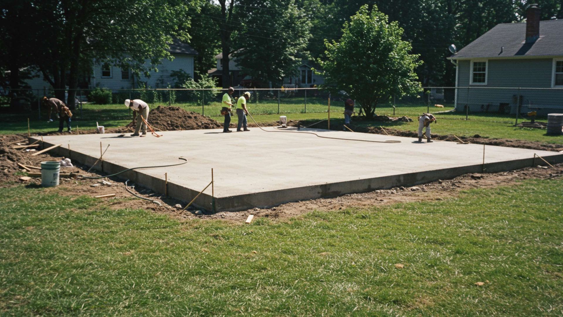 Workers in high-visibility vests finish a newly poured concrete foundation slab in a residential yard.