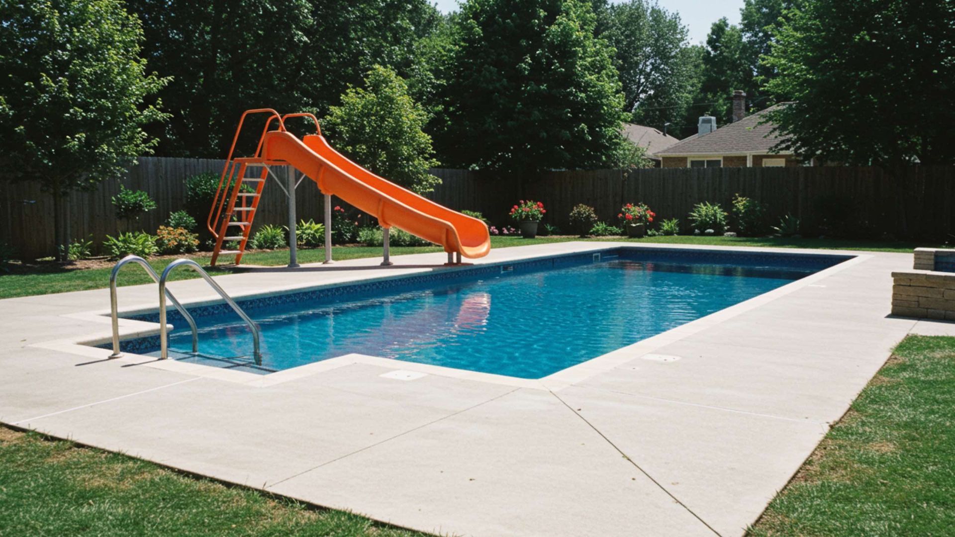 A rectangular backyard swimming pool with a bright orange slide, metal ladder, and concrete patio surrounded by greenery.