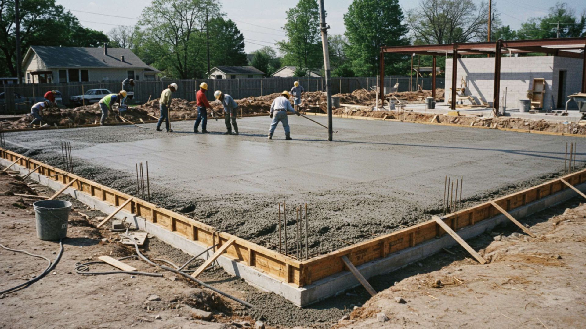 Construction workers leveling a wet concrete foundation within wooden forms on a sunny day.