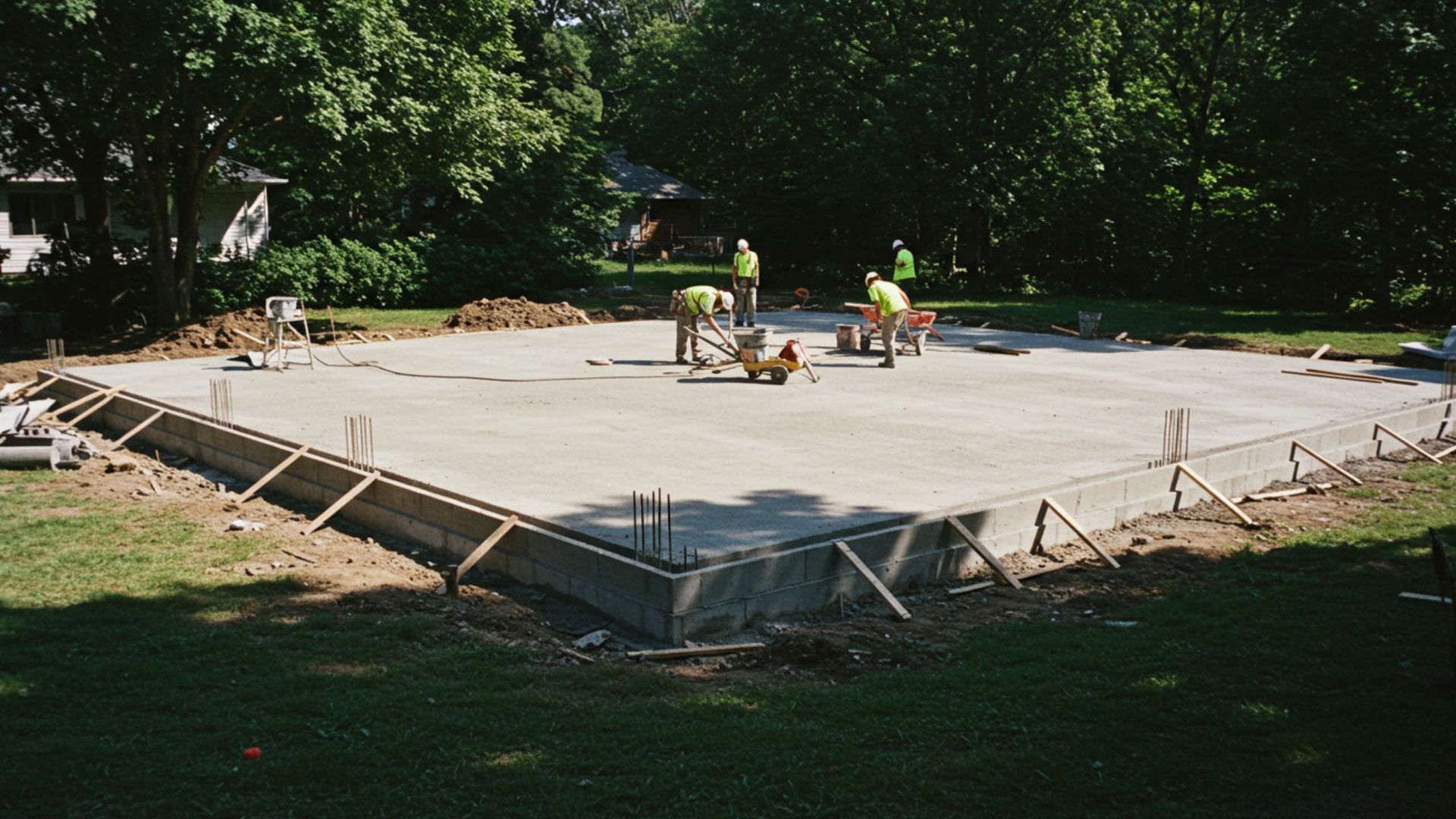 Concrete foundation being poured; workers level concrete within wooden forms, surrounded by grass and trees.