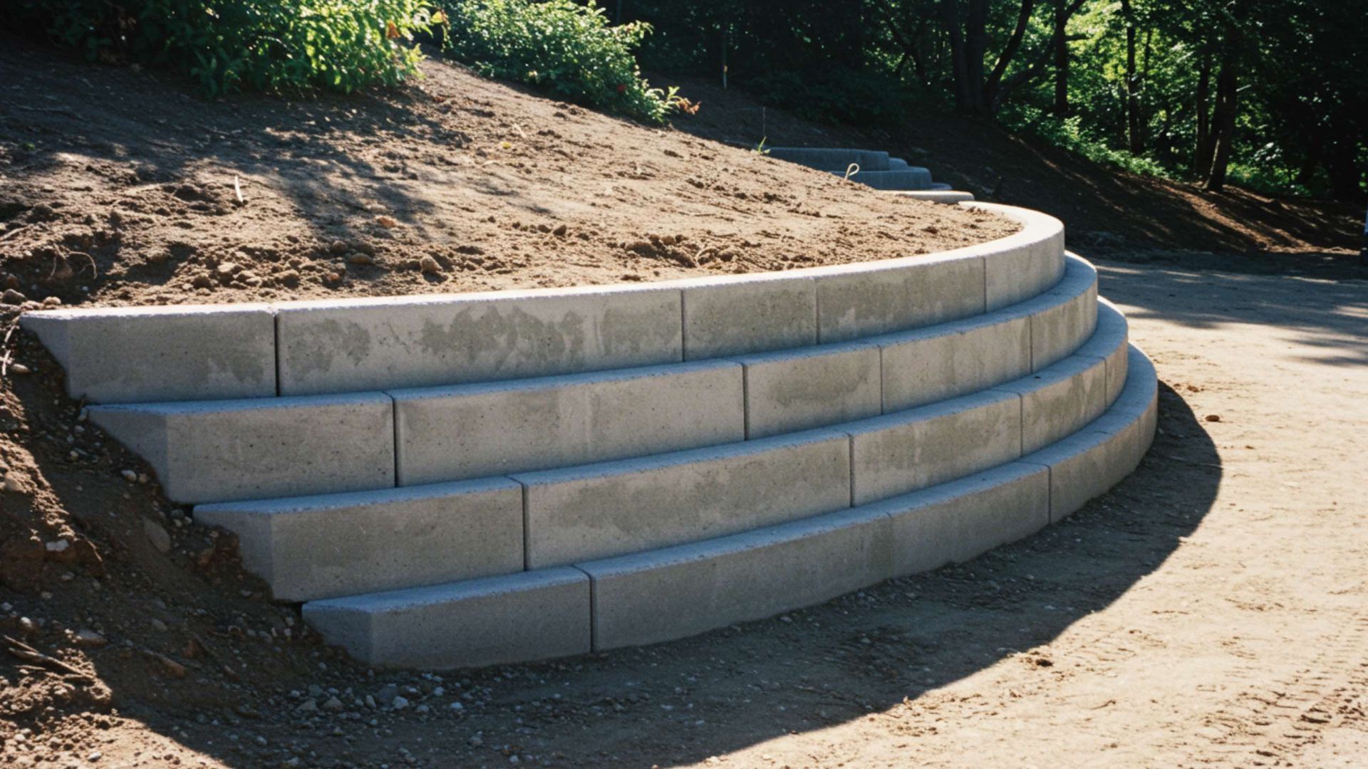 Curved, tiered retaining wall made of gray concrete blocks supports a hillside.