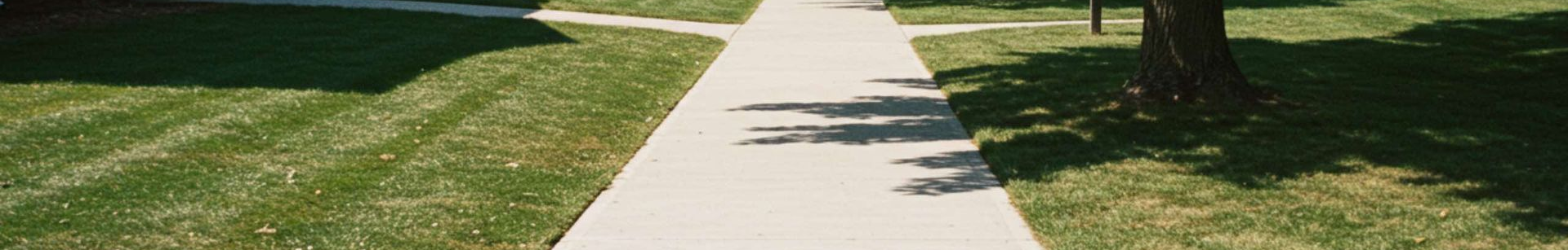 Concrete sidewalk through a residential neighborhood, lined with houses, green lawns, and trees.