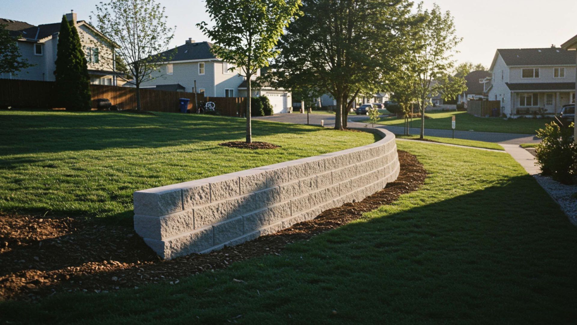 A curved, textured gray stone retaining wall separates a manicured green lawn from a mulch border in a residential yard.