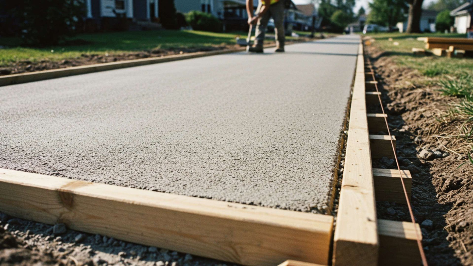 A worker smooths fresh concrete in wooden forms for a new sidewalk on a residential street.