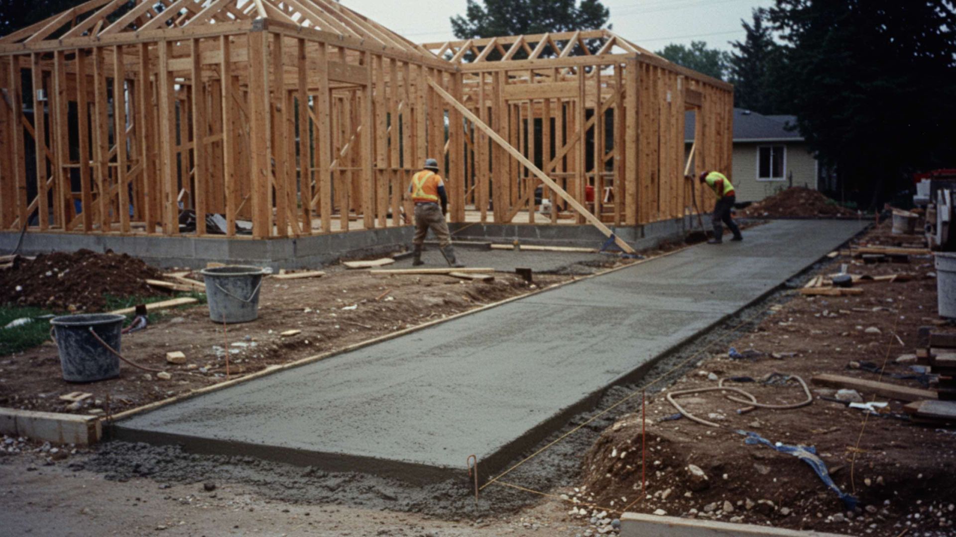 Two workers smooth a freshly poured concrete driveway in front of a wooden house frame under construction.