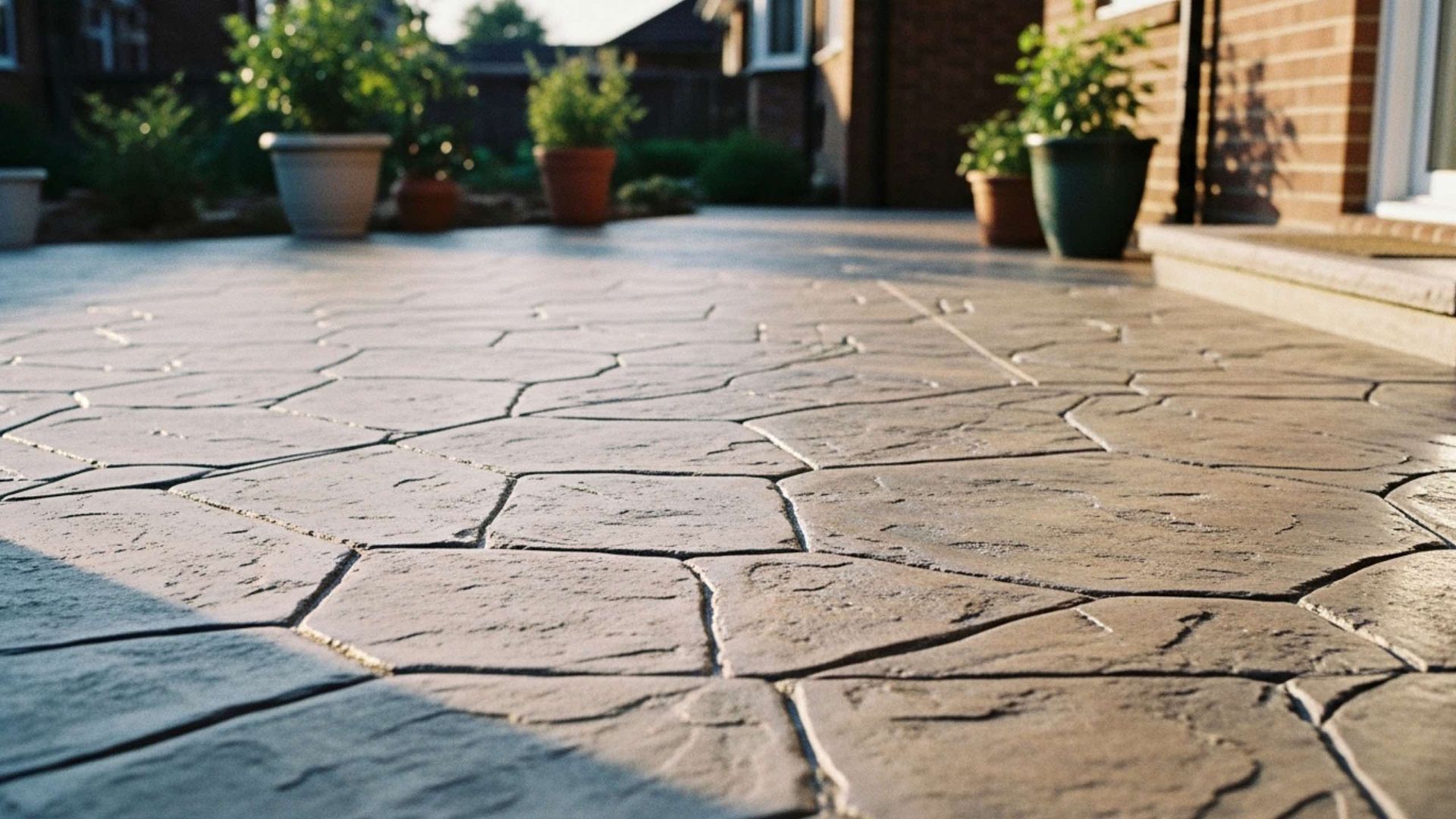 Textured concrete driveway with potted plants.