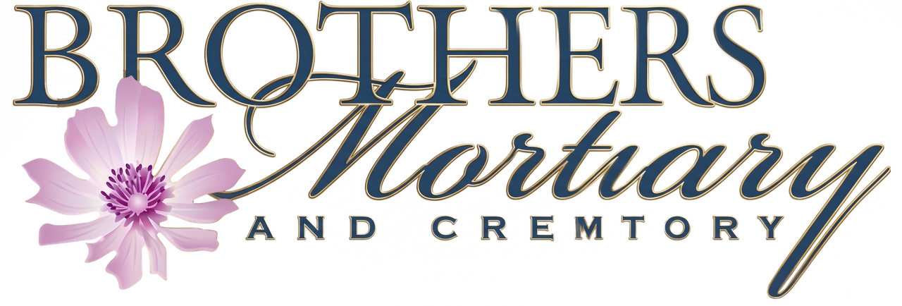 Brothers Mortuary and Crematory logo with pink flower and blue text