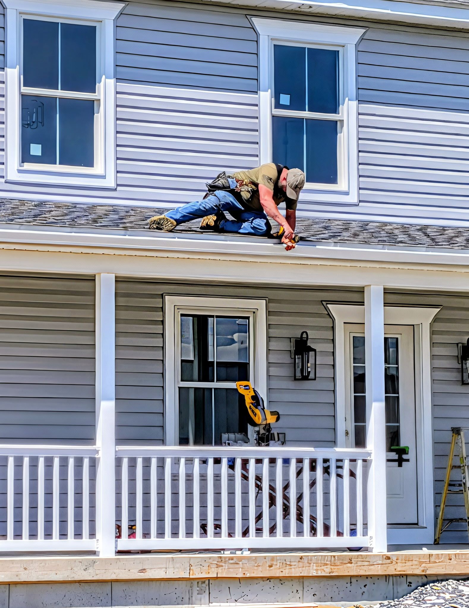 Workers on a lift repairing the exterior wall of a house under a clear sky.