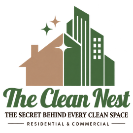 The Clean Nest White “The Clean Nest” logo with a house and apartment building silhouette.