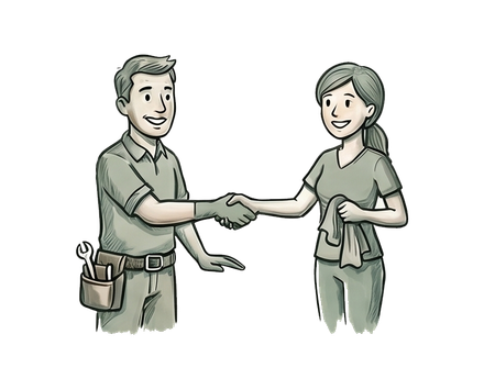 Two workers shaking hands, one holding a wrench, both smiling in gray uniforms.