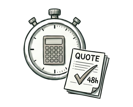 Stopwatch with calculator beside a quote sheet marked “48h”