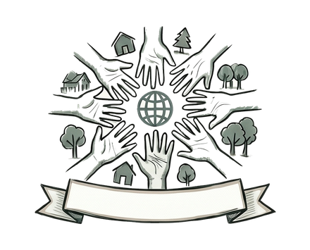 Hands surrounding a globe with houses and trees, above a blank ribbon banner