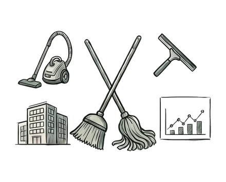 Cleaning tools and office icons: vacuum, mops, squeegee, building, and growth chart