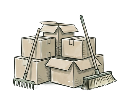 Stack of cardboard boxes with two rakes leaning against them